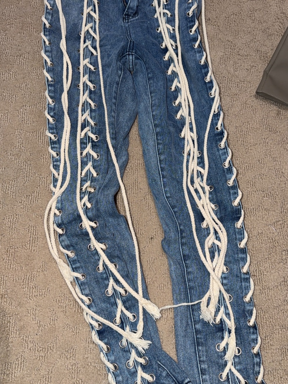 Blue Lace-Up Women’s Jeans with White Rope Detail